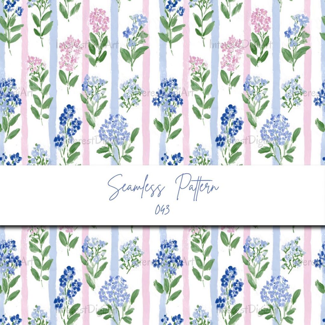 Watercolor Floral Stripe Seamless Pattern Paper | Blue Pink Hydrangea ...