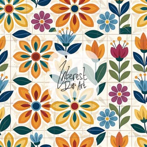 Motivo floreale senza soluzione di continuità – Mosaico di fiori arancioni, blu e gialli, design scandinavo, carta digitale per sottobicchieri, tappeti e paraschizzi