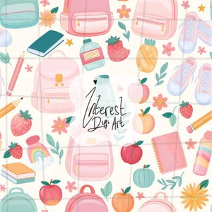 Peut inclure: Un motif répétitif composé de sacs à dos roses, de baskets colorées, de divers fruits comme des pommes, des fraises et des ananas, de cahiers, de crayons et de bouteilles d'eau. Le texte Interest Digi Art est centré au milieu du design.
