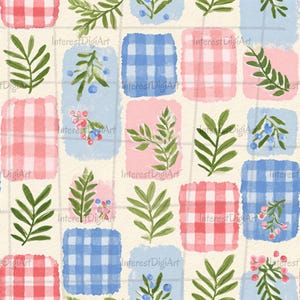 May include: A seamless digital pattern featuring a grid of alternating squares. The design includes red and white gingham, blue and white gingham, and solid light blue or pink blocks decorated with green leafy sprigs and small berries.
