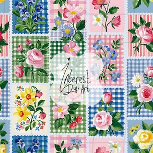 Padrão de colcha botânica quadriculada sem costura – Rosas xadrez azul e rosa, flores em patchwork, papel digital para cortinas, capas de almofada e etiquetas.