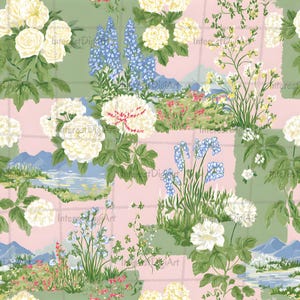 Motivo floreale patchwork senza soluzione di continuità in stile cottagecore – Carta digitale con paesaggio da giardino vintage per tessuti, carta da parati e progetti di scrapbooking