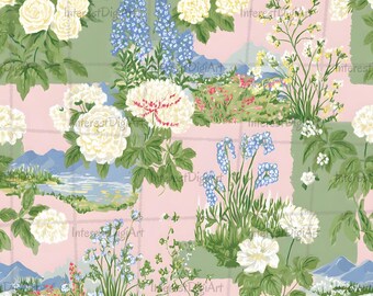 コテージコア風の花柄パッチワークシームレスパターン – ヴィンテージガーデン風景デジタルペーパー（布地、壁紙、スクラップブックプロジェクト用）