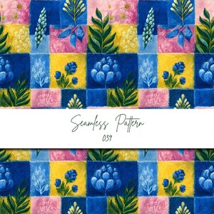 May include: A seamless pattern design with a patchwork effect, showcasing squares in blue, yellow, and pink. Each square is decorated with floral and botanical motifs. The text "Seamless Pattern 039" is displayed.