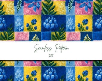 フォークアート風の花柄パッチワークシームレスパターン – 青と黄色の植物タイル、POD衣料、トートバッグ、ホームデコレーション用のデジタルペーパー