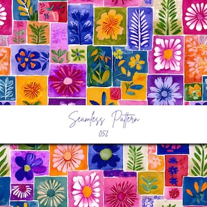 May include: A colorful watercolor seamless pattern featuring a grid of floral and botanical elements in various hues. The design includes flowers, leaves, and abstract shapes in shades of pink, blue, yellow, and green. The text "Seamless Pattern 052" is displayed on a white banner.