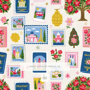 May include: A seamless pattern featuring illustrated postage stamps with landmarks like the Eiffel Tower, passports, pineapples, and flowering trees. The design includes various travel-themed motifs in vibrant colors on a light cream background.