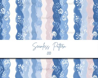 Blue Scallop Stripe Seamless Pattern – Delicate Wildflower Watercolor Design for Fabric, Nursery Decor & Home Decor