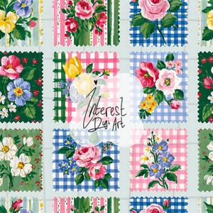 Vintage Rose Patchwork Seamless Pattern – Green Pink Gingham Florals, Cottage Grid, Digital Paper for Apron, Tablecloth & Notecards
