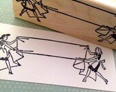 Retro Ladies in Aprons Folding Laundry Wood Mounted Rubber Stamp 5079