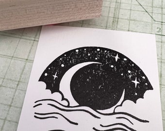 Moon and Stars Rubber Stamp Large Round Stamp
