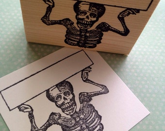 Skeleton Holding Sign  Wood Mounted Rubber Stamp  6382