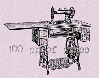 May include: Black and white illustration of a vintage sewing machine with a drop-down table and multiple drawers. The machine has a foot pedal and a decorative design on the table.