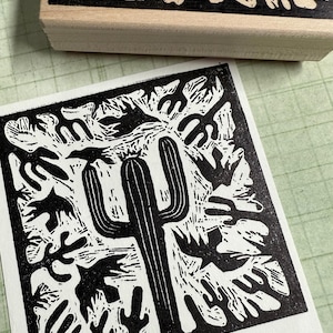 Desert Dream Rubber Stamp, Catus and Ravens in an Etched Style