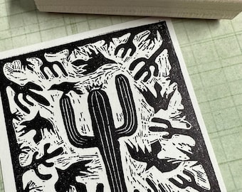 Desert Dream Rubber Stamp, Catus and Ravens in an Etched Style
