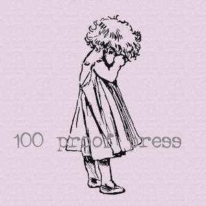 Pode incluir: Desenho de linha preto e branco de uma menina com cabelo encaracolado, vestindo um vestido, de pé com a cabeça baixa e as mãos cobrindo o rosto.