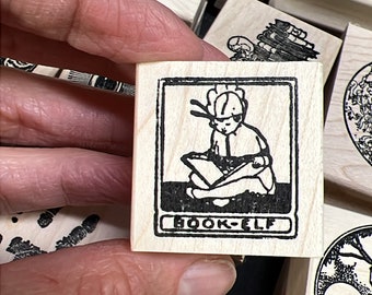 Book Elf Rubber Stamp: Vintage Wood Mounted Stamp 5732