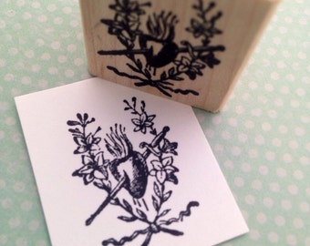 Flaming  Heart Sacred Heart With Sword Rubber Stamp