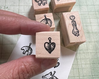 Small Charms Rubber Stamp Set of 5 Heart, Dolphin, Bear, Wolf, Hand