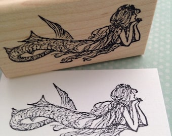 Small Daydreaming Mermaid  Wood Mounted Rubber Stamp 2953
