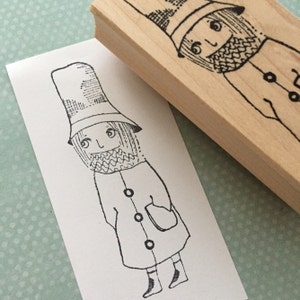 Girl with Tall Hat and a Pocket Wood Rubber Stamp 6461