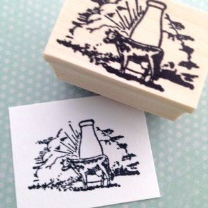 Cow and Milk Bottle Wood Mounted Rubber Stamp 576