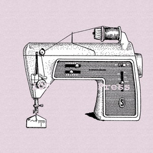 May include: A black and white line drawing of a vintage sewing machine with a spool of thread on top. The machine has a foot pedal and a needle.