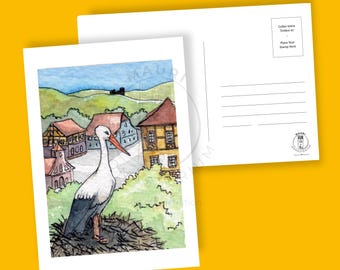 Carte postale "Cigogne sur les toits", avec possibilité d'envoi suivi chez votre destinataire!
