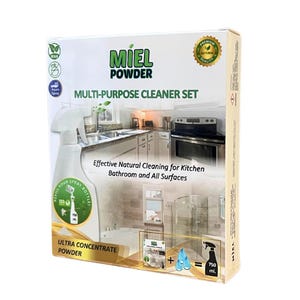 Puede incluir: Un juego de limpiador multiusos en una caja con un pulverizador blanco. La caja presenta la marca "MIEL POWDER" y el texto "MULTI-PURPOSE CLEANER SET". La caja también incluye el texto "Effective Natural Cleaning for Kitchen Bathroom and All Surfaces".