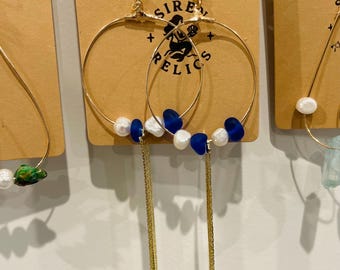 Blue Sea Glass & Pearl Hoop Earrings – Gold Chain Fringe, Coastal Boho by Siren Relics