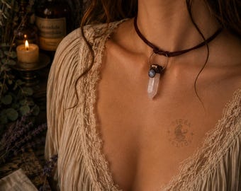 Handcrafted Clear Quartz Point Leather Choker | Brown Leather Crystal Necklace | Boho Woodland Jewelry | Appalachian Coastal Style | Siren R