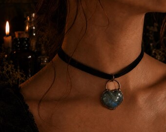Labradorite Heart Choker | Black Velvet Crystal Necklace | Copper Gothic Jewelry | Siren Relics