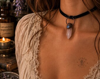 Rose Quartz Moonstone Choker | Copper Velvet Crystal Necklace | Appalachian Apothecary Style