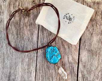Turquoise & Quartz Necklace: Artisan Brass Wire Wrapped Pendant