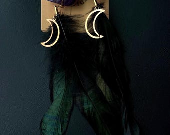 Amethyst Skull Earrings • Gold Crescent Moon, Black Feather • Witchy Statement Jewelry
