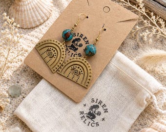 Brushed Brass Rainbow Earrings with Turquoise Beads | Coastal Boho Statement Jewelry
