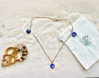 Blue Evil Eye Gold Necklace • Coastal Boho Protection Talisman