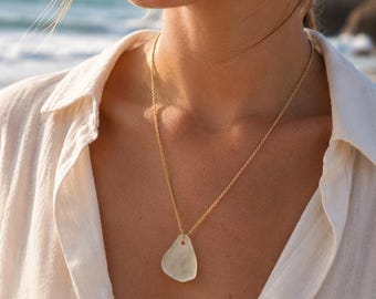 Frosted White Sea Glass Necklace | Gold Chain Coastal Pendant | Beach Jewelry | Siren Relics