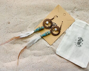 Boho Mermaid Earrings: Pearl, Turquoise, Feather, Copper Hoops- Seafaring maiden