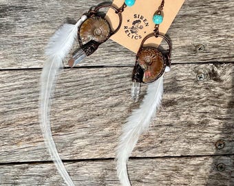 Siren Relic Earrings: Ammonite, Turquoise, Quartz & Feather - OOAK