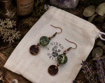 Green Celestial Glass Moon Earrings | Copper Appalachian Boho Jewelry