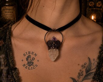 Handcrafted Clear Quartz & Amethyst Crystal Choker | Wire Wrapped Copper Pendant | Black Velvet Choker | Gothic Boho Jewelry | Siren Relics
