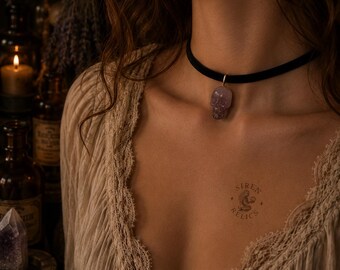 Handcrafted Amethyst Crystal Skull Choker | Black Velvet Gothic Necklace | Witchy Crystal Jewelry | Dark Cottagecore | Siren Relics