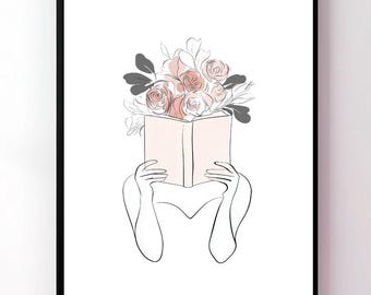 Woman Reading Line Art Wall Art Printable for Book Lovers Minimalist Feminine Home Decor