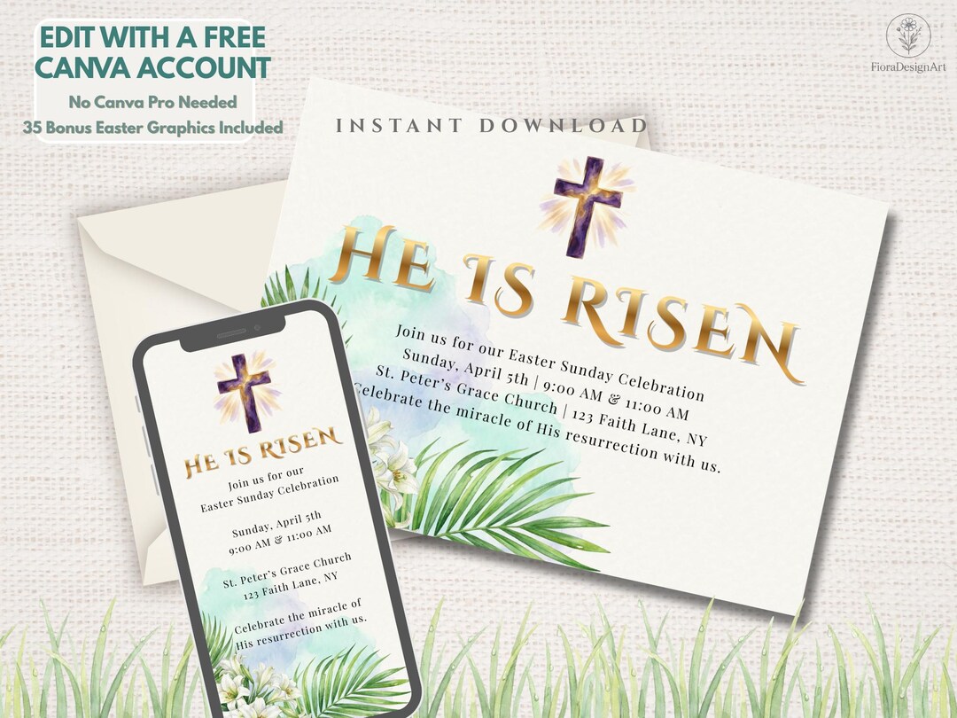 Easter Church Invitation Template Canva, He is Risen Printable, Worship ...