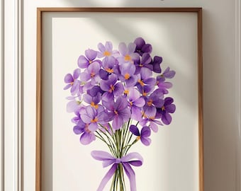 Arte de pared imprimible con flores violetas de febrero / Estampado floral botánico en acuarela