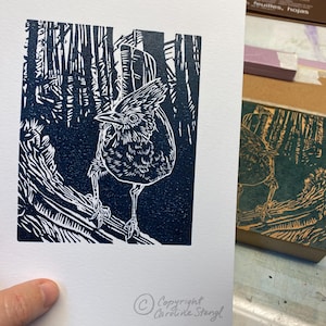 Stellars Jay, linocut print, handmade print, relief print, blue, wildlife, wild bird, printmaking, block printing, west coast, Canadian bird