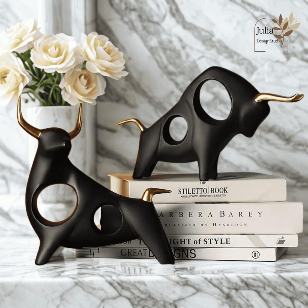 Bull Sculpture Black Gold, Black Bull Figurine | Luxury Home Decor ...