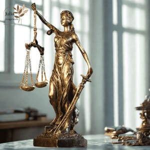 Peut inclure: Statue dorée de la Justice, les yeux bandés, tenant une balance d'une main et une épée de l'autre. La statue est sur un socle et se détache sur un fond flou. Le logo "Julia Design Studio" est dans le coin supérieur gauche.