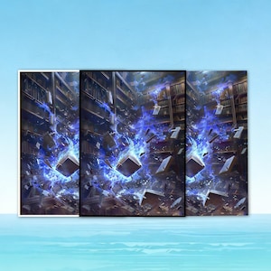 May include: A triptych artwork depicting a library scene with floating books and blue energy effects. The artwork features a detailed interior with bookshelves and a dynamic, magical theme.